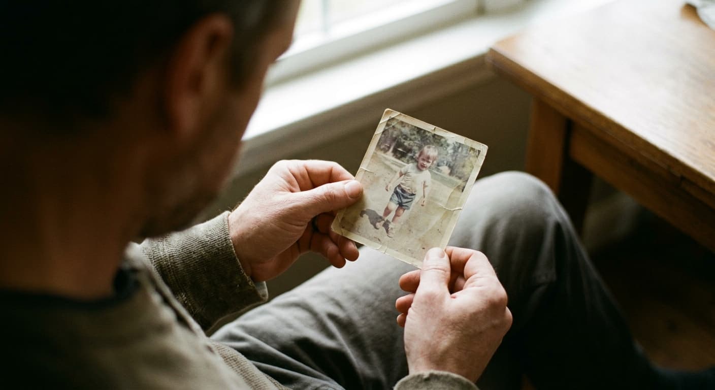 Uma pessoa adulta segurando uma fotografia antiga de si mesma quando criança